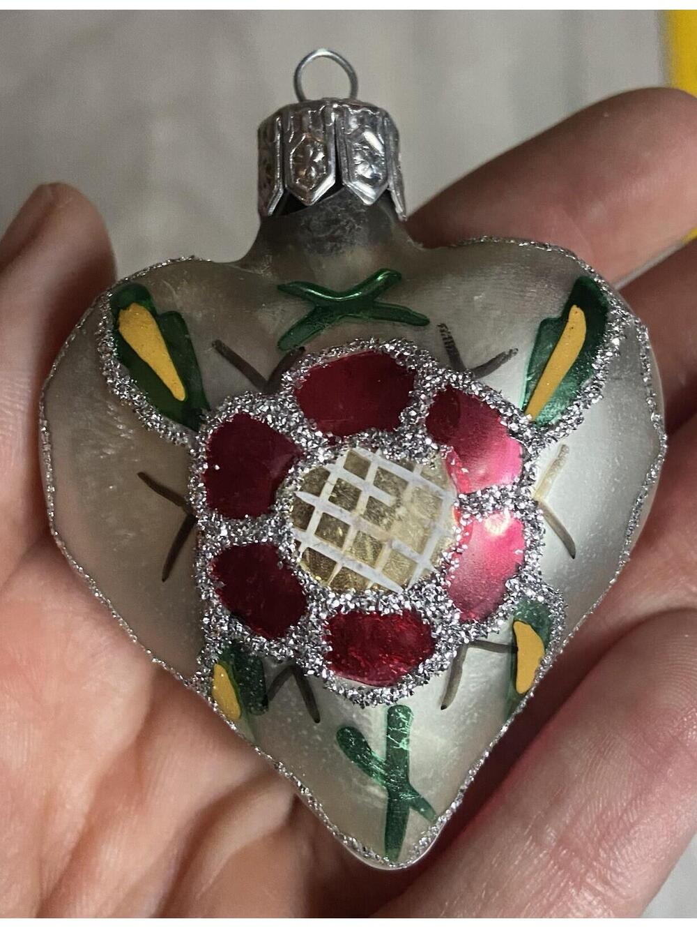 Vintage Blown Glass Christmas Ornament Heart Shape with  Floral Design Poland